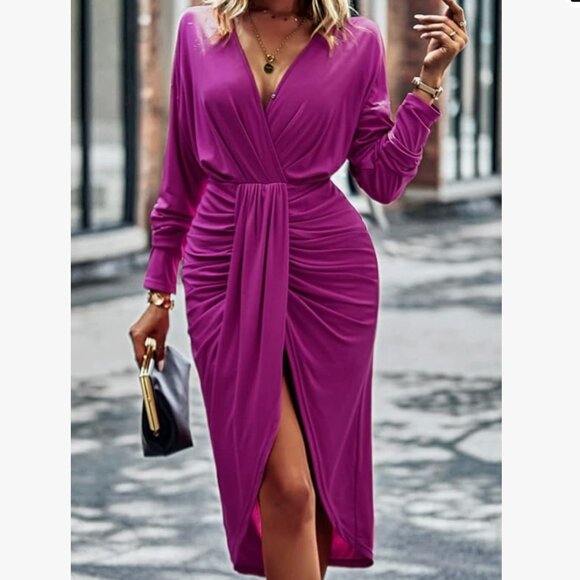 Ruched Wrap Midi Dress - Long Sleeve V-Neck w/ Split Hem | Elegant & Flattering - Picture 5 of 9